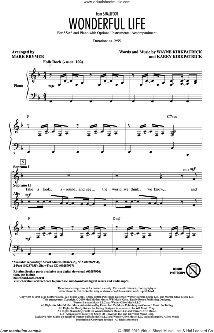 Wonderful Life (from Smallfoot) (arr. Mark Brymer) sheet music for choir (SSA: soprano, alto) by Zendaya, Mark Brymer, Karey Kirkpatrick and Wayne Kirkpatrick, intermediate skill level