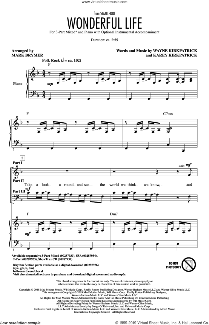 Wonderful Life (from Smallfoot) (arr. Mark Brymer) sheet music for choir (3-Part Mixed) by Zendaya, Mark Brymer, Karey Kirkpatrick and Wayne Kirkpatrick, intermediate skill level