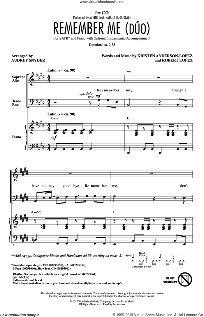 Remember Me (Duo) (from Coco) (arr. Audrey Snyder) sheet music for choir (SATB: soprano, alto, tenor, bass) by Miguel feat. Natalia Lafourcade, Audrey Snyder, Kristen Anderson-Lopez and Robert Lopez, intermediate skill level