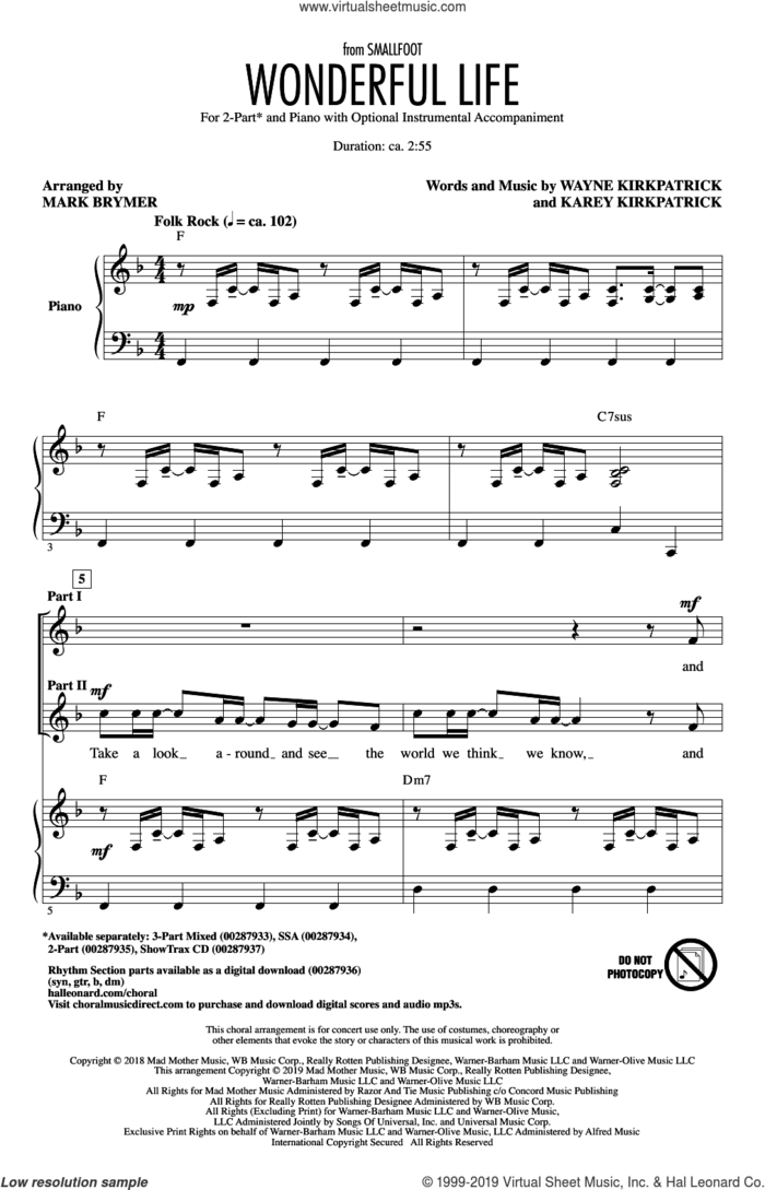 Wonderful Life (from Smallfoot) (arr. Mark Brymer) sheet music for choir (2-Part) by Zendaya, Mark Brymer, Karey Kirkpatrick and Wayne Kirkpatrick, intermediate duet