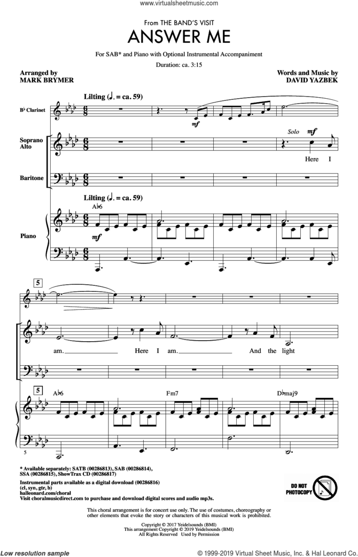 Answer Me (from The Band's Visit) (arr. Mark Brymer) sheet music for choir (SAB: soprano, alto, bass) by David Yazbek and Mark Brymer, intermediate skill level