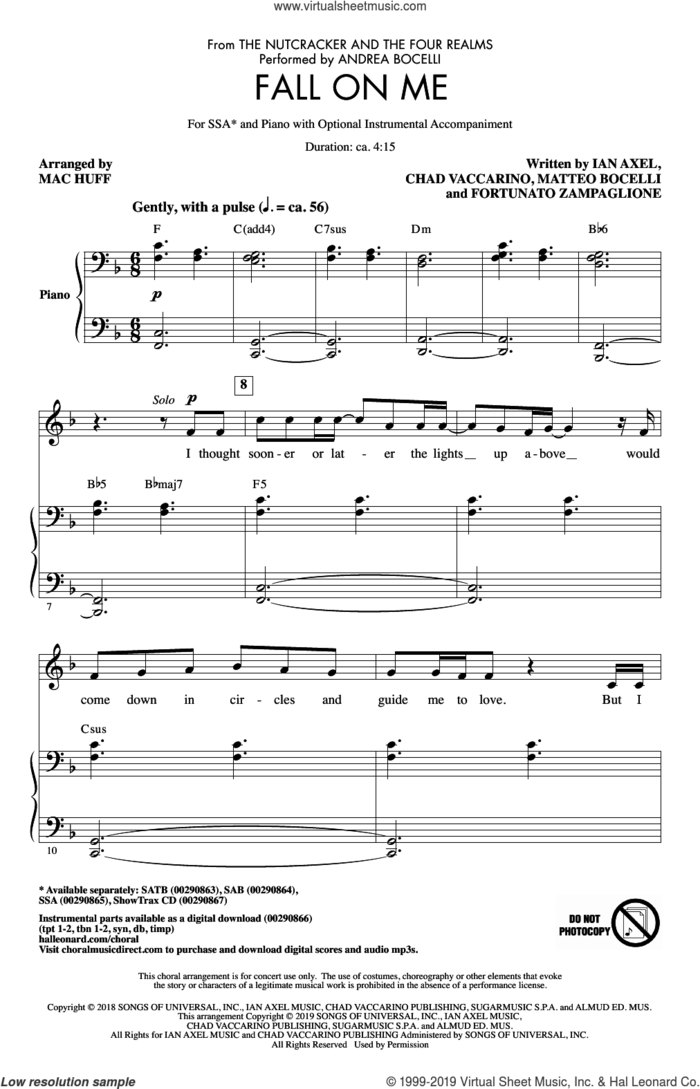 Fall On Me (from The Nutcracker and the Four Realms) (arr. Mac Huff) sheet music for choir (SSA: soprano, alto) by Matteo Bocelli, Mac Huff, Andrea  Bocelli, Andrea Bocelli & Matteo Bocelli, Chad Vaccarino, Fortunato Zampaglione and Ian Axel, intermediate skill level