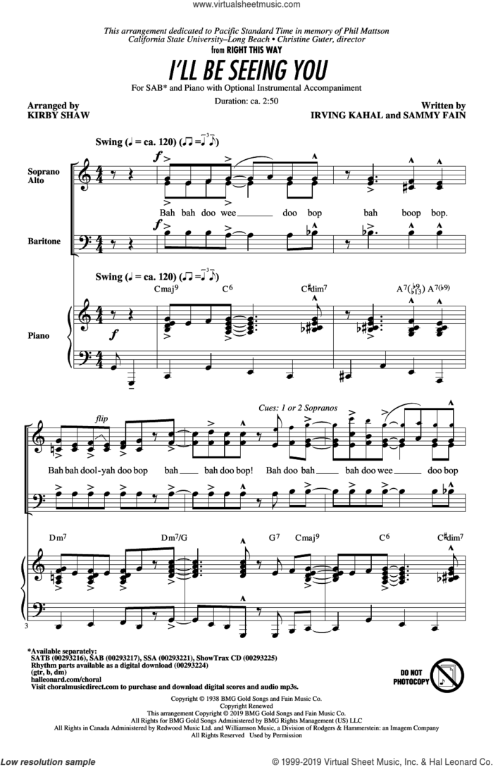 I'll Be Seeing You (arr. Kirby Shaw) sheet music for choir (SAB: soprano, alto, bass) by Sammy Fain, Kirby Shaw and Irving Kahal, intermediate skill level