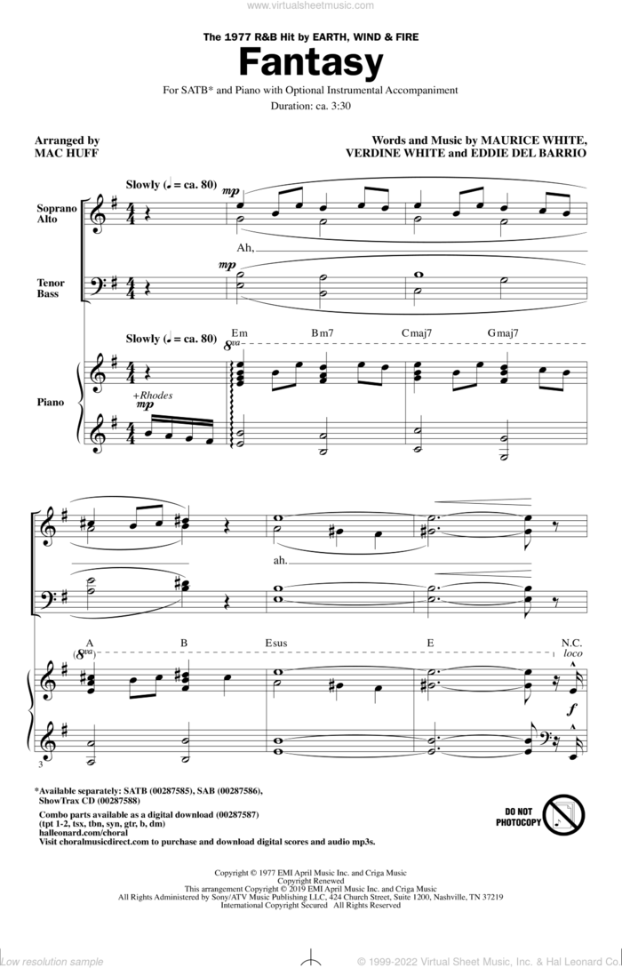 Fantasy (arr. Mac Huff) sheet music for choir (SATB: soprano, alto, tenor, bass) by Earth, Wind & Fire, Mac Huff, Eddie Del Barrio, Maurice White and Verdine White, intermediate skill level