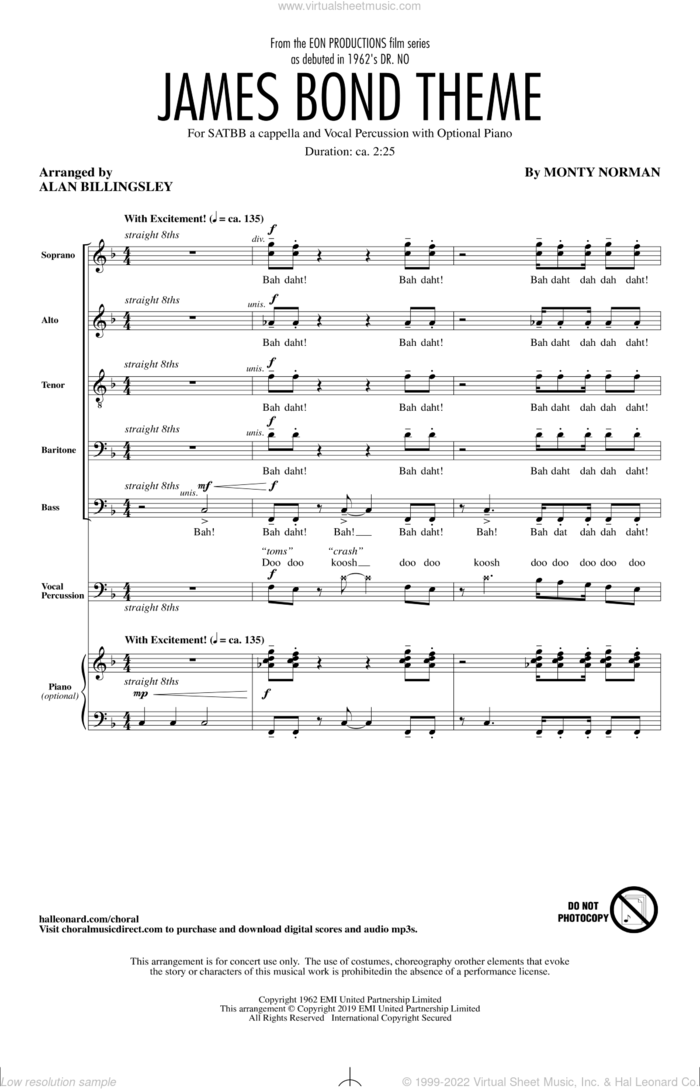 James Bond Theme (arr. Alan Billingsley) sheet music for choir (SATB: soprano, alto, tenor, bass) by Monty Norman and Alan Billingsley, intermediate skill level