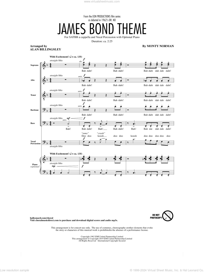 James Bond Theme (arr. Alan Billingsley) sheet music for choir (SATB: soprano, alto, tenor, bass) by Monty Norman and Alan Billingsley, intermediate skill level