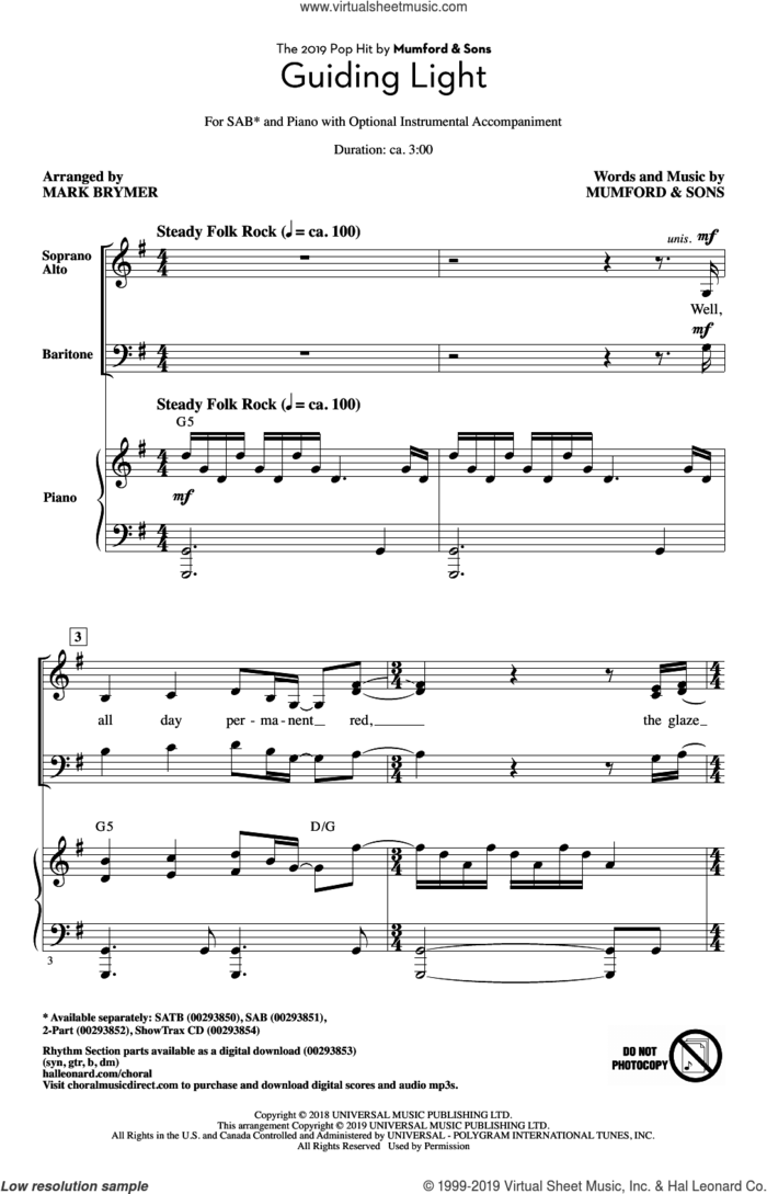 Guiding Light (arr. Mark Brymer) sheet music for choir (SAB: soprano, alto, bass) by Mumford & Sons and Mark Brymer, intermediate skill level