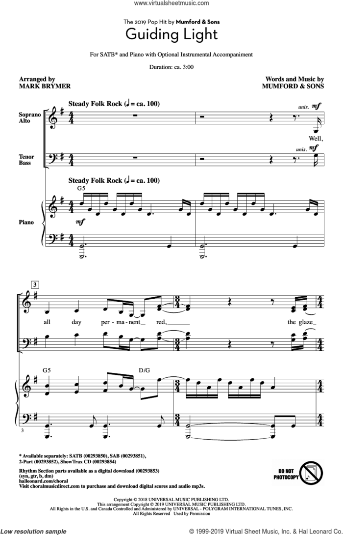 Guiding Light (arr. Mark Brymer) sheet music for choir (SATB: soprano, alto, tenor, bass) by Mumford & Sons and Mark Brymer, intermediate skill level