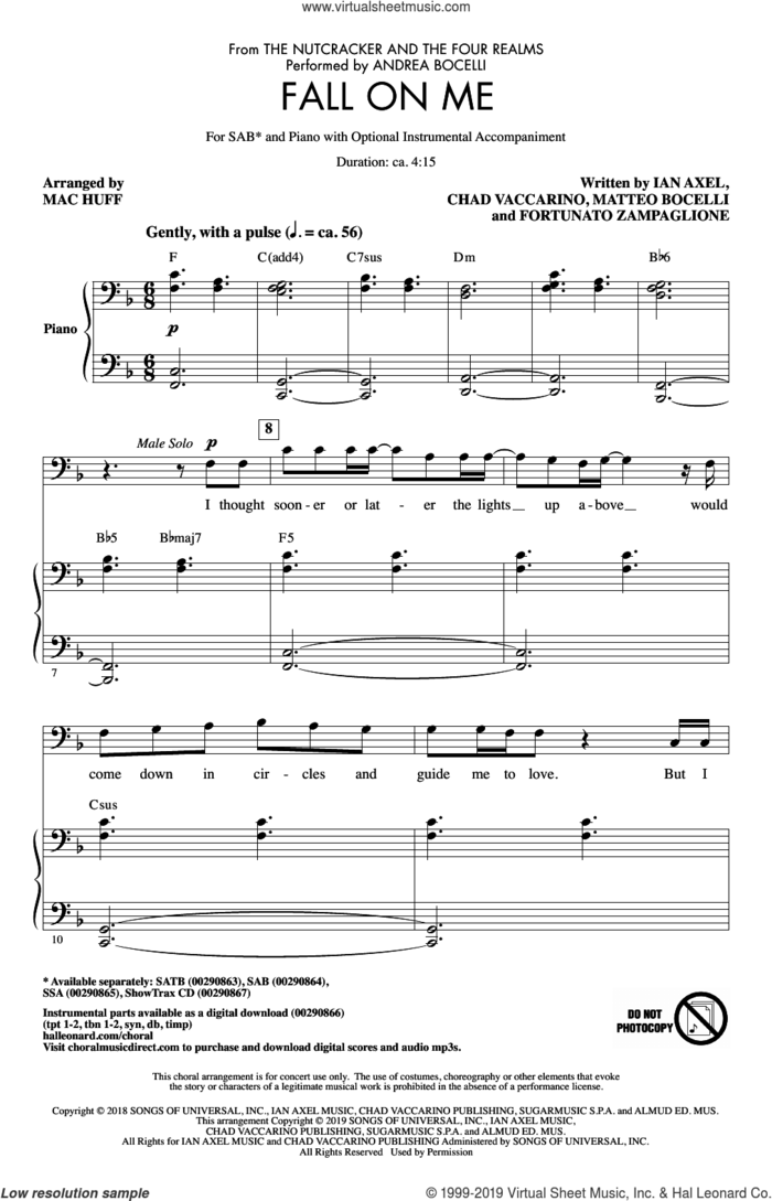 Fall On Me (from The Nutcracker and the Four Realms) (arr. Mac Huff) sheet music for choir (SAB: soprano, alto, bass) by Matteo Bocelli, Mac Huff, Andrea  Bocelli, Andrea Bocelli & Matteo Bocelli, Chad Vaccarino, Fortunato Zampaglione and Ian Axel, intermediate skill level