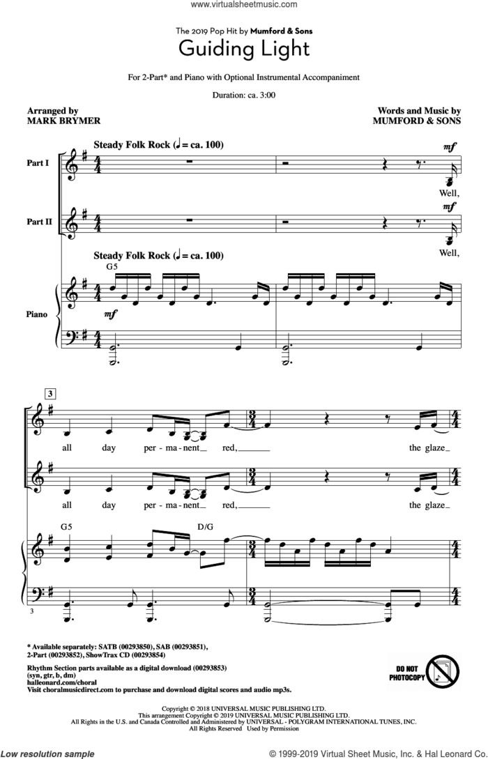 Guiding Light (arr. Mark Brymer) sheet music for choir (2-Part) by Mumford & Sons and Mark Brymer, intermediate duet