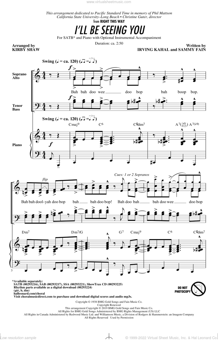 I'll Be Seeing You (arr. Kirby Shaw) sheet music for choir (SATB: soprano, alto, tenor, bass) by Sammy Fain, Kirby Shaw and Irving Kahal, intermediate skill level