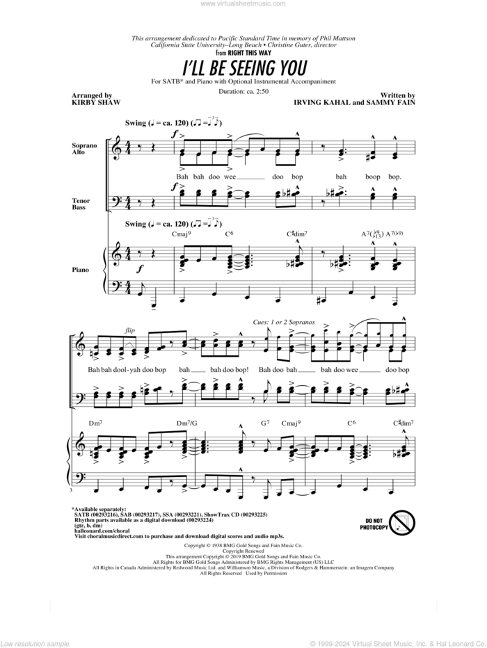 I'll Be Seeing You (arr. Kirby Shaw) sheet music for choir (SATB: soprano, alto, tenor, bass) by Sammy Fain, Kirby Shaw and Irving Kahal, intermediate skill level