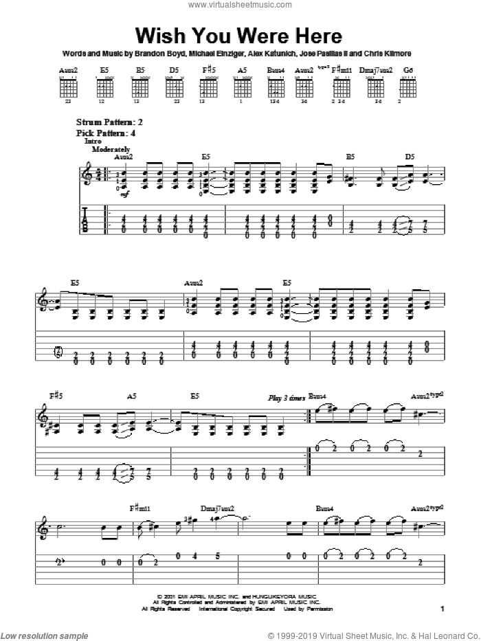 Wish You Were Here sheet music for guitar solo (easy tablature) by Incubus, Alex Katunich, Brandon Boyd and Michael Einziger, easy guitar (easy tablature)