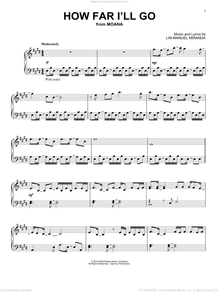 How Far I'll Go (from Moana) sheet music for piano solo by Lin-Manuel Miranda and Alessia Cara, intermediate skill level
