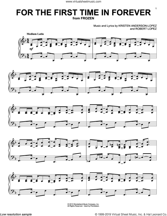 For The First Time In Forever (from Frozen) sheet music for piano solo by Robert Lopez, Kristen Bell, Idina Menzel and Kristen Anderson-Lopez, intermediate skill level