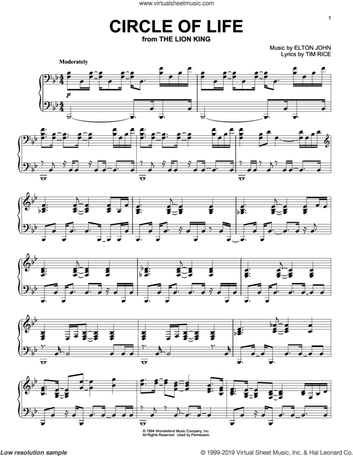 Circle Of Life (from The Lion King) sheet music for piano solo by Elton John and Tim Rice, intermediate skill level
