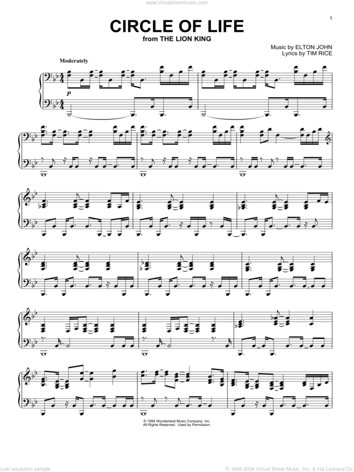 Circle Of Life (from The Lion King) sheet music for piano solo by Elton John and Tim Rice, intermediate skill level