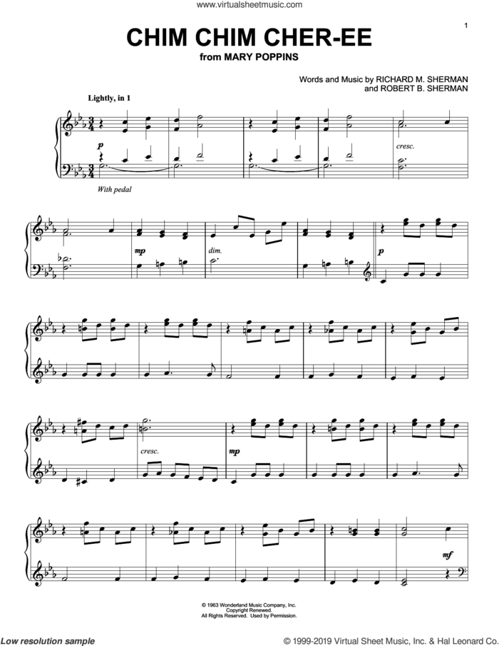 Chim Chim Cher-ee (from Mary Poppins) sheet music for piano solo by Robert B. Sherman, Dick Van Dyke and Richard M. Sherman, intermediate skill level