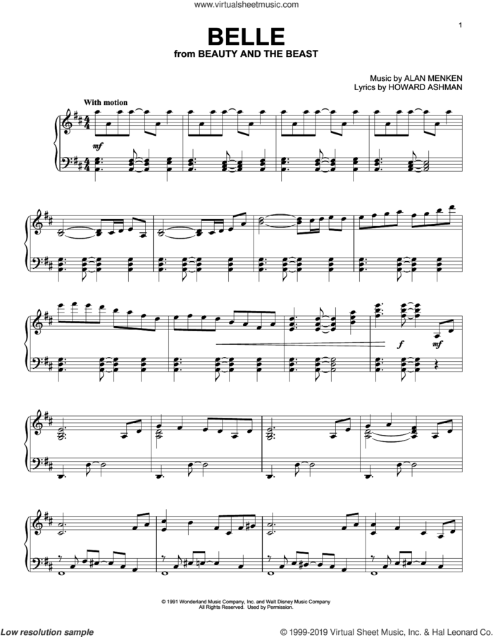 Belle (from Beauty and The Beast) sheet music for piano solo by Alan Menken & Howard Ashman, Alan Menken and Howard Ashman, intermediate skill level