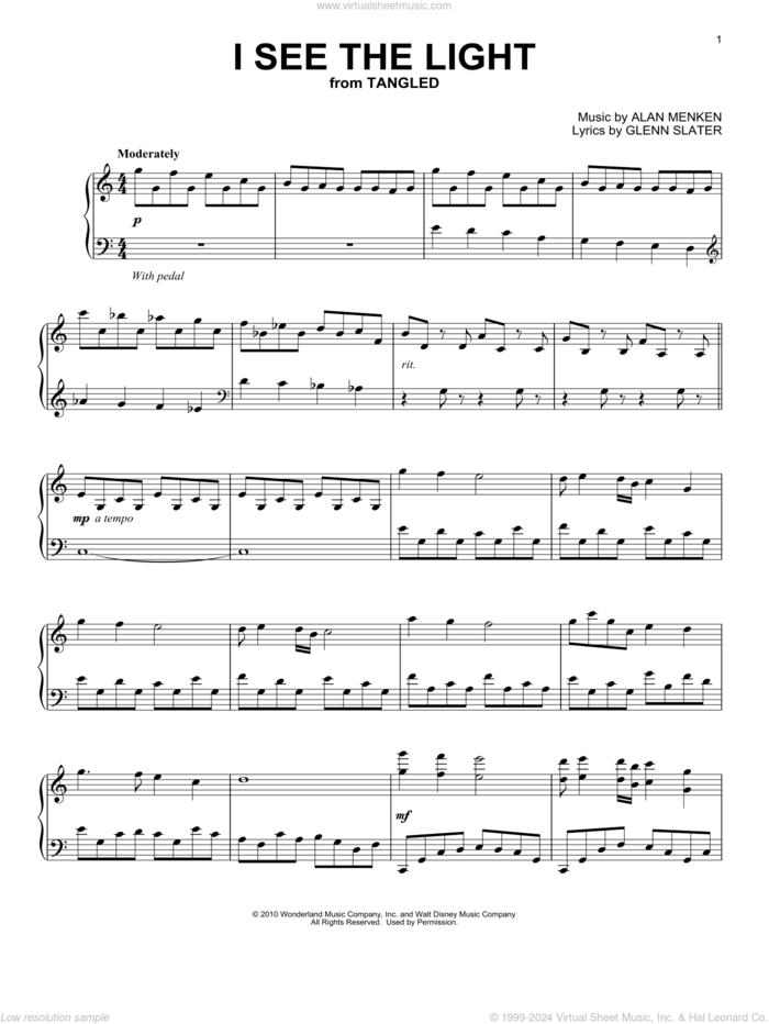 I See The Light (from Tangled) sheet music for piano solo by Alan Menken and Glenn Slater, intermediate skill level