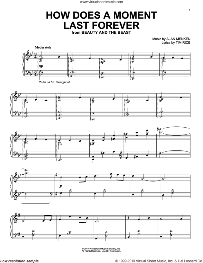 How Does A Moment Last Forever (from Beauty and The Beast), (intermediate) sheet music for piano solo by Celine Dion, Alan Menken and Tim Rice, intermediate skill level