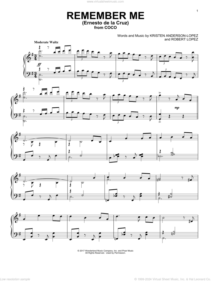 Remember Me (Ernesto de la Cruz) (from Coco), (intermediate) sheet music for piano solo by Kristen Anderson-Lopez & Robert Lopez, Kristen Anderson-Lopez and Robert Lopez, intermediate skill level