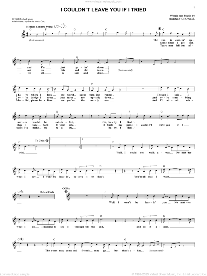 I Couldn't Leave You If I Tried sheet music for voice and other instruments (fake book) by Rodney Crowell, intermediate skill level