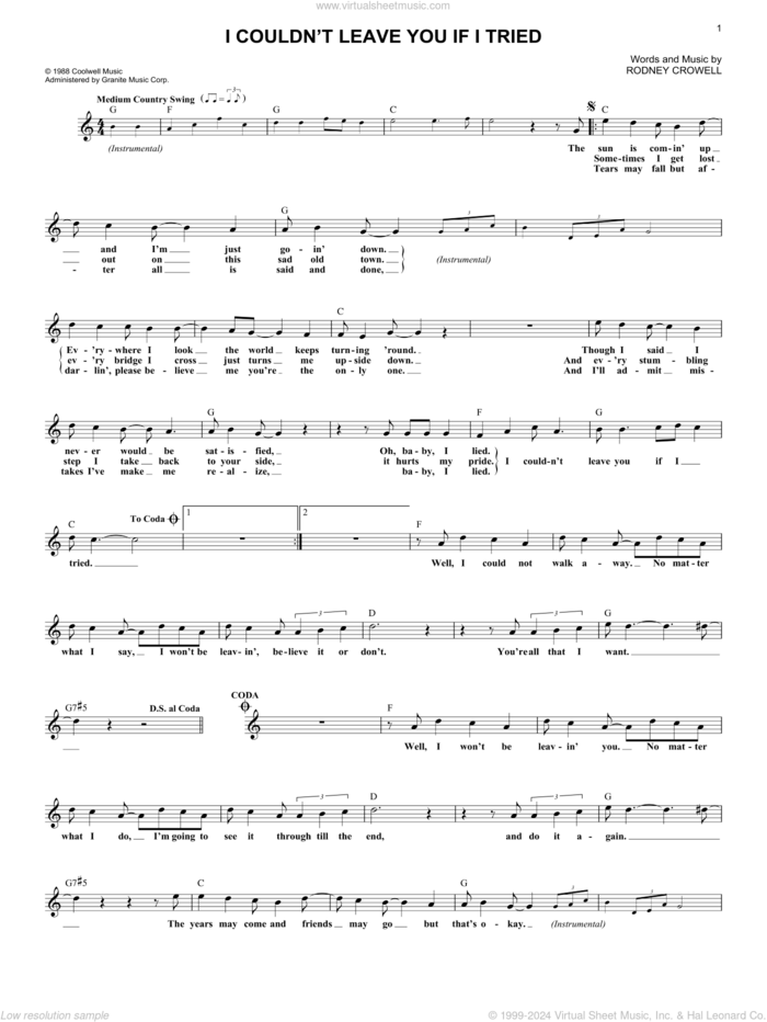 I Couldn't Leave You If I Tried sheet music for voice and other instruments (fake book) by Rodney Crowell, intermediate skill level