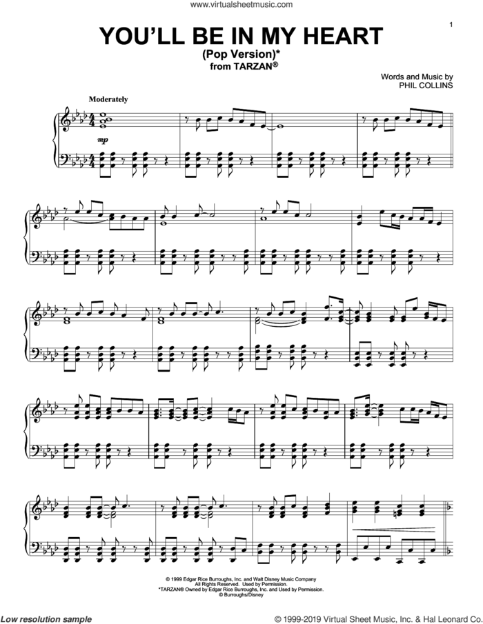 You'll Be In My Heart (Pop Version) (from Tarzan) sheet music for piano solo by Phil Collins, intermediate skill level