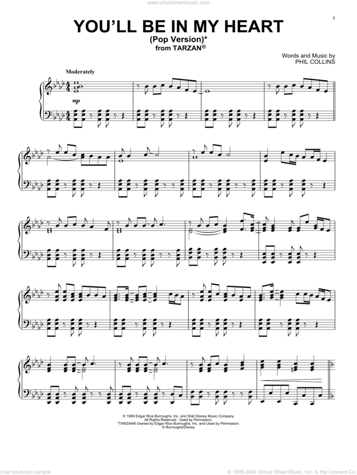 You'll Be In My Heart (Pop Version) (from Tarzan) sheet music for piano solo by Phil Collins, intermediate skill level