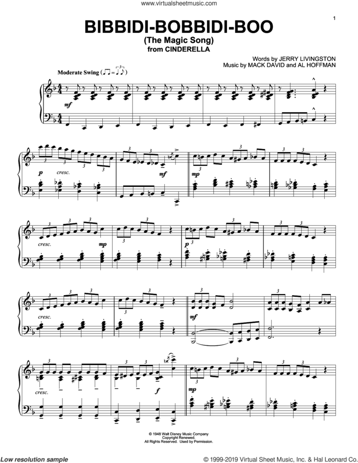 Bibbidi-Bobbidi-Boo (The Magic Song) (from Cinderella) sheet music for piano solo by Verna Felton, Al Hoffman, Jerry Livingston and Mack David, intermediate skill level