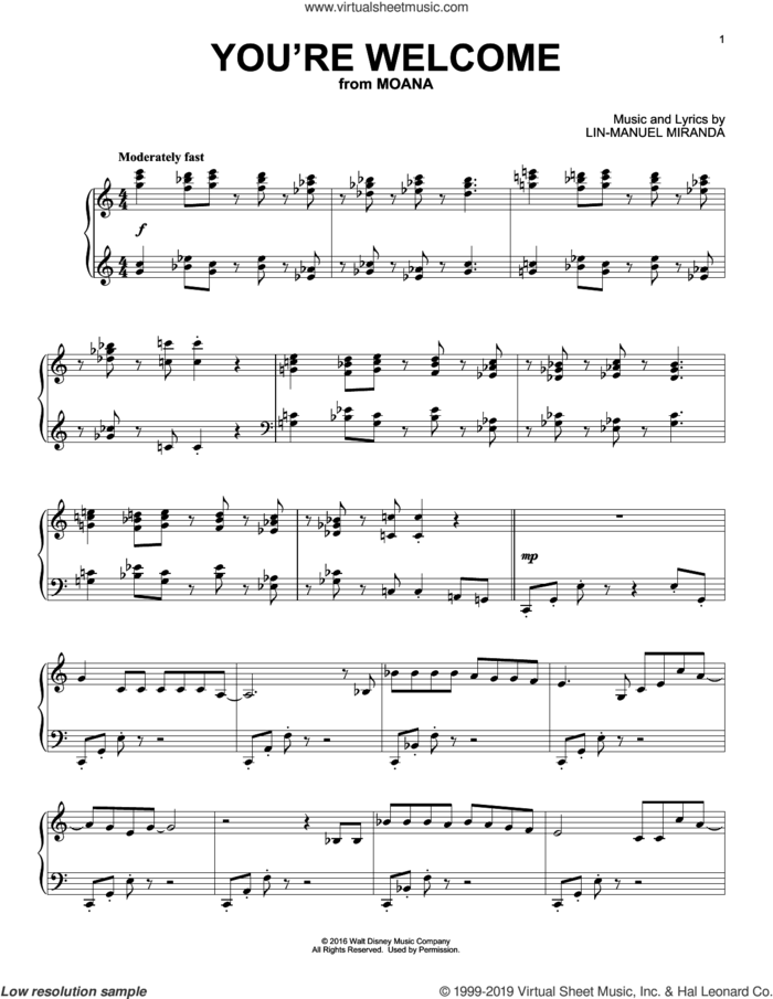 You're Welcome (from Moana) sheet music for piano solo by Lin-Manuel Miranda, intermediate skill level
