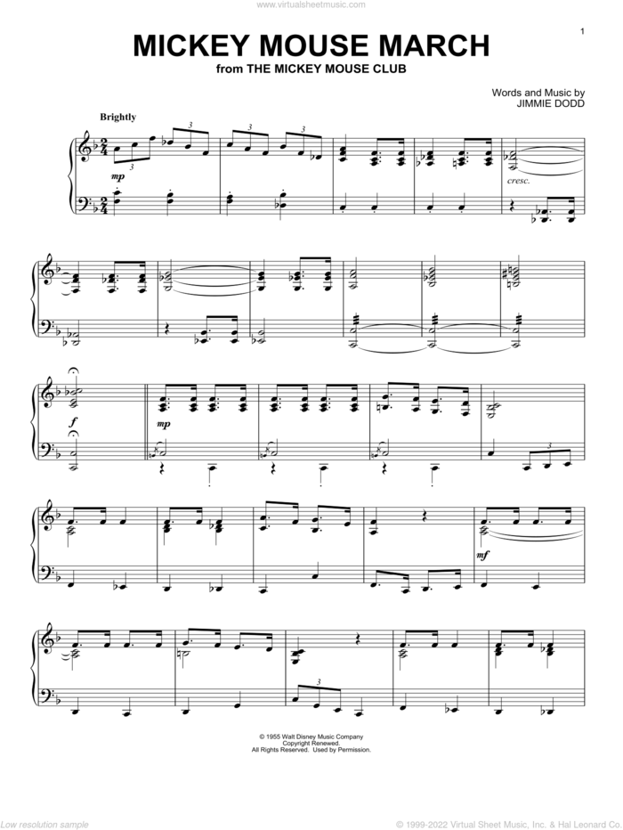 Mickey Mouse March (from The Mickey Mouse Club) sheet music for piano solo by Jimmie Dodd, intermediate skill level