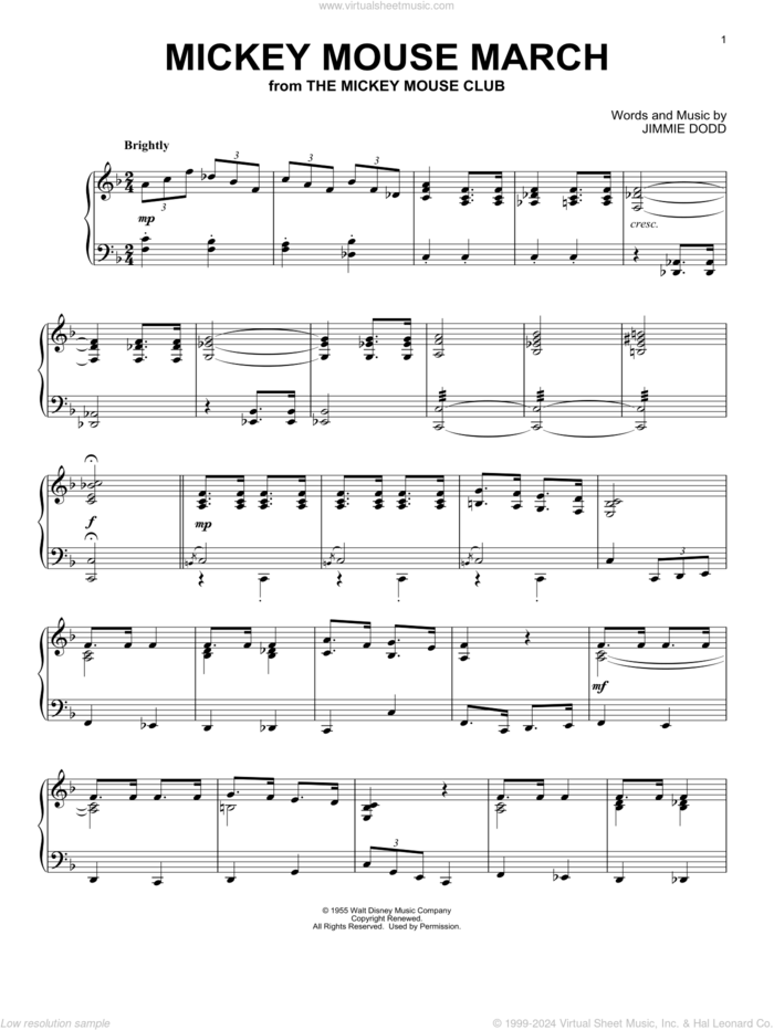 Mickey Mouse March (from The Mickey Mouse Club), (intermediate) sheet music for piano solo by Jimmie Dodd, intermediate skill level