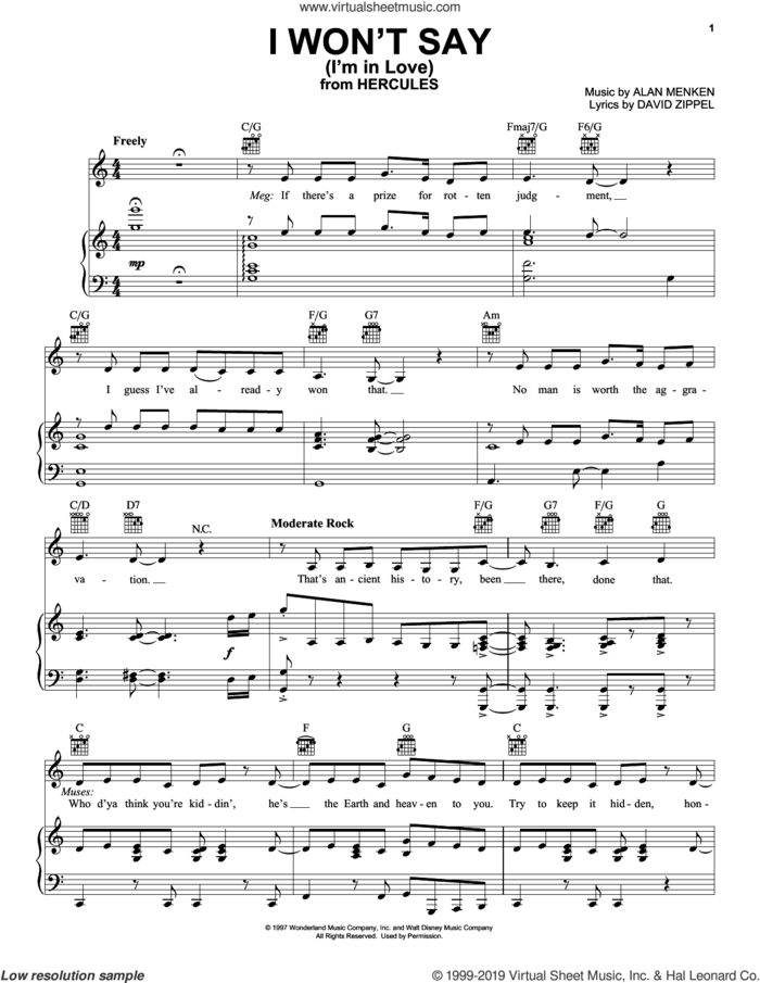 I Won't Say (I'm In Love) (from Disney's Hercules) sheet music for voice, piano or guitar by Alan Menken and David Zippel, intermediate skill level
