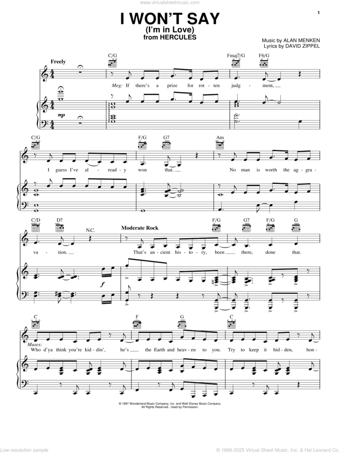 I Won't Say (I'm In Love) (from Disney's Hercules) sheet music for voice, piano or guitar by Alan Menken and David Zippel, intermediate skill level