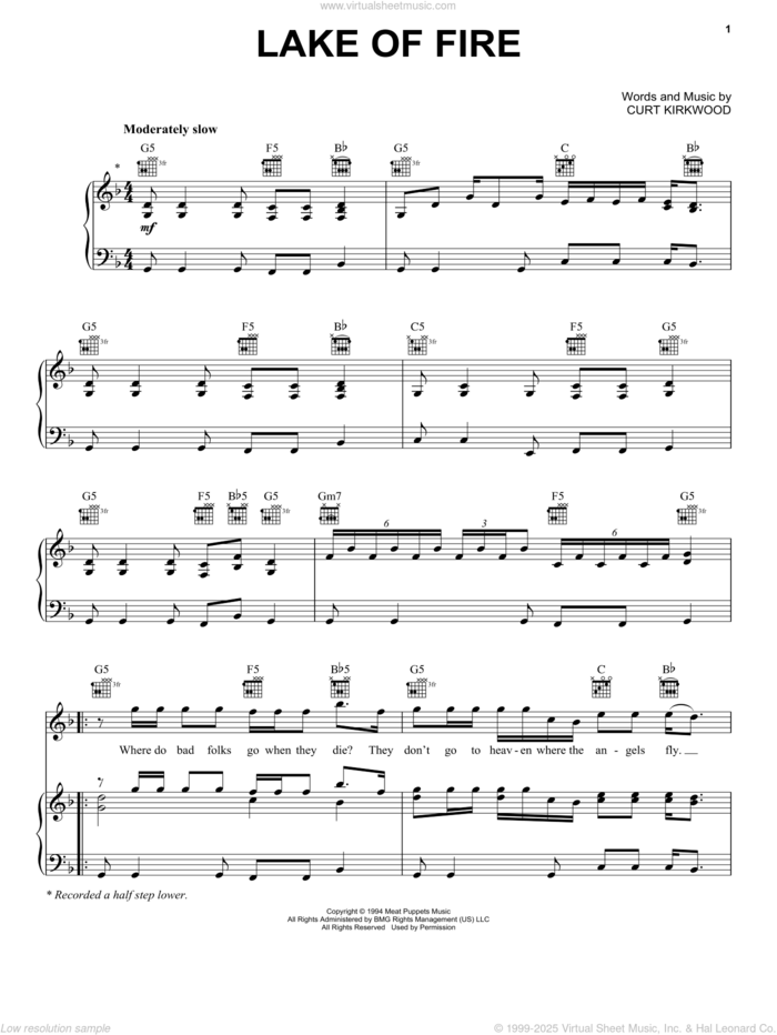 Lake Of Fire sheet music for voice, piano or guitar by Nirvana and Curt Kirkwood, intermediate skill level