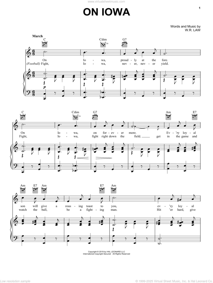 On Iowa sheet music for voice, piano or guitar by W.R. Law, intermediate skill level