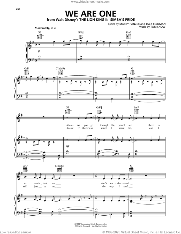 We Are One (from The Lion King II: Simba's Pride) sheet music for voice, piano or guitar by Cam Clarke and Charity Sanoy, Jack Feldman, Marty Panzer and Tom Snow, intermediate skill level