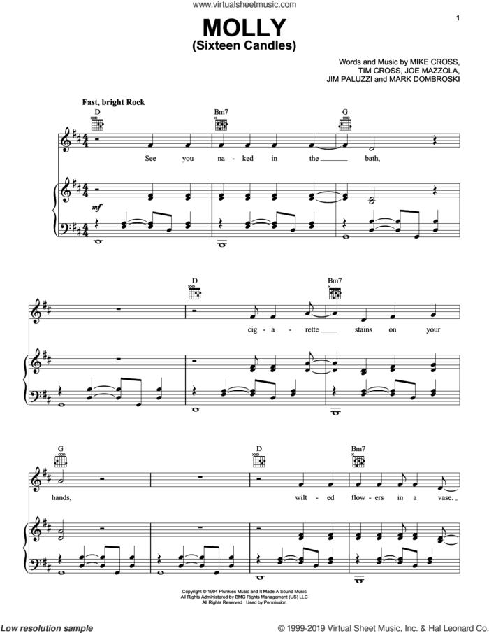 Molly (Sixteen Candles) sheet music for voice, piano or guitar by Sponge, Jim Paluzzi, Joe Mazzola, Mark Dombroski, Mike Cross and Tim Cross, intermediate skill level