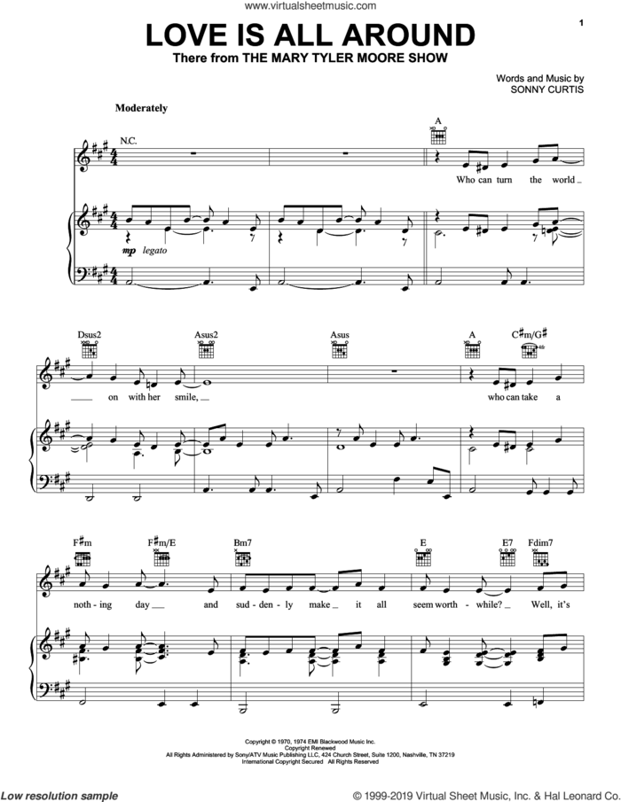 Love Is All Around (Theme from The Mary Tyler Moore Show) sheet music for voice, piano or guitar by Sonny Curtis, intermediate skill level
