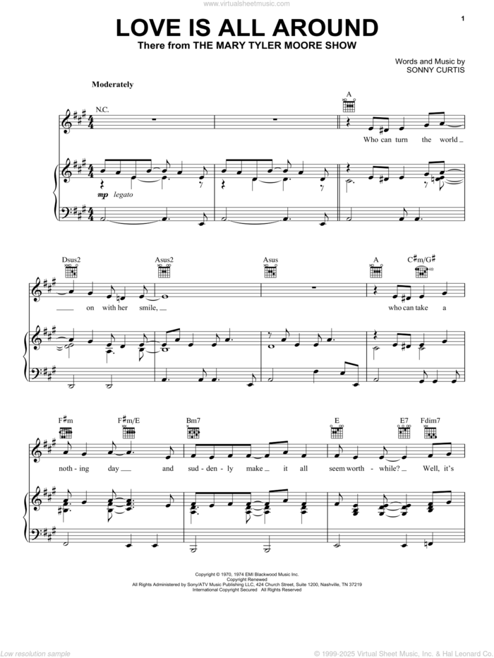 Love Is All Around (Theme from The Mary Tyler Moore Show) sheet music for voice, piano or guitar by Sonny Curtis, intermediate skill level