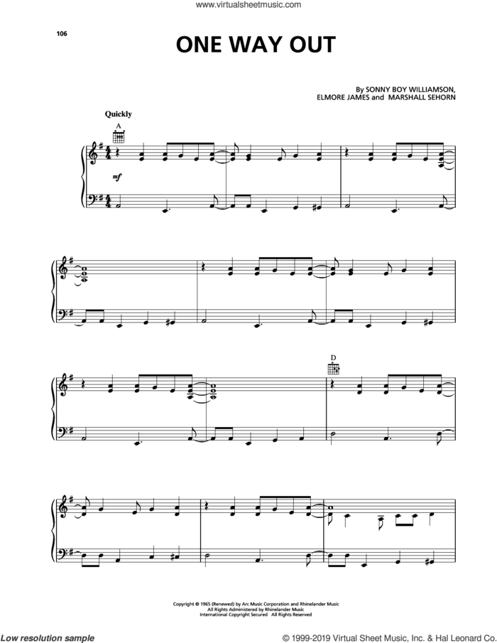 One Way Out sheet music for voice, piano or guitar by The Allman Brothers Band, Elmore James, Marshall Sehorn and Willie Williamson, intermediate skill level