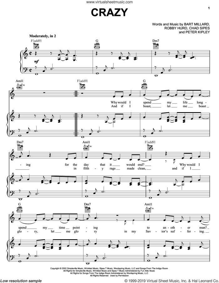 Crazy sheet music for voice, piano or guitar by MercyMe, Bart Millard, Chad Sipes, Peter Kipley and Robby Hurd, intermediate skill level