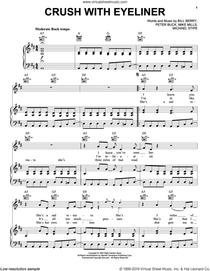 Crush With Eyeliner sheet music for voice, piano or guitar by R.E.M., Bill Berry, Michael Stipe, Mike Mills and Peter Buck, intermediate skill level