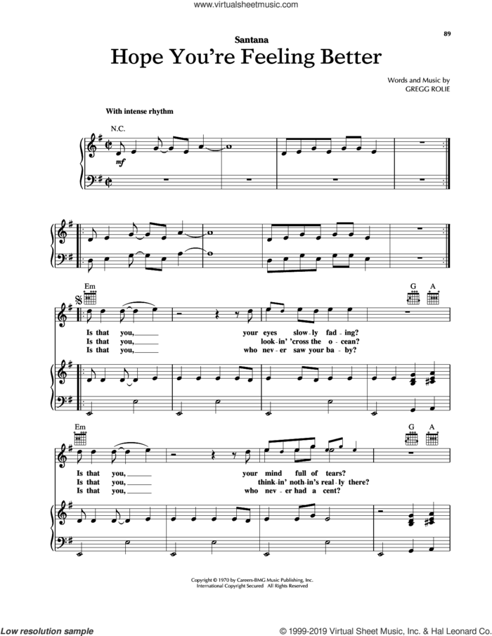 Hope You're Feeling Better sheet music for voice, piano or guitar by Carlos Santana and Gregg Rolie, intermediate skill level