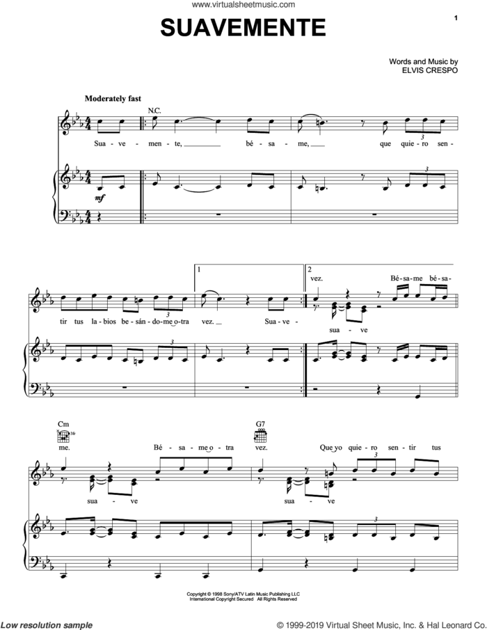 Suavemente sheet music for voice, piano or guitar by Elvis Crespo, wedding score, intermediate skill level