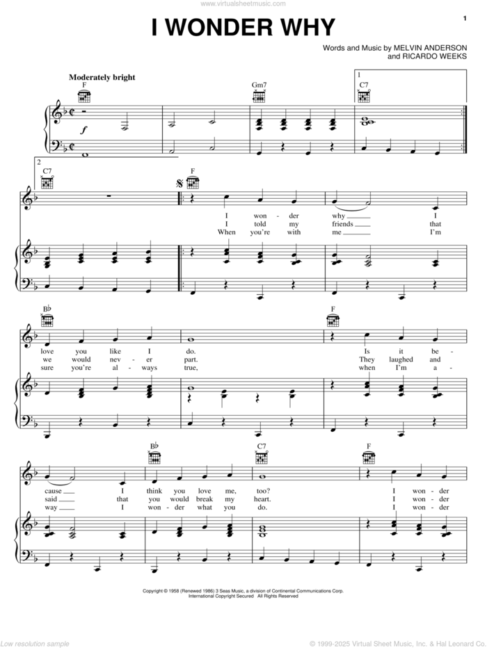 I Wonder Why sheet music for voice, piano or guitar by Dion & The Belmonts, Melvin Anderson and Ricardo Weeks, intermediate skill level