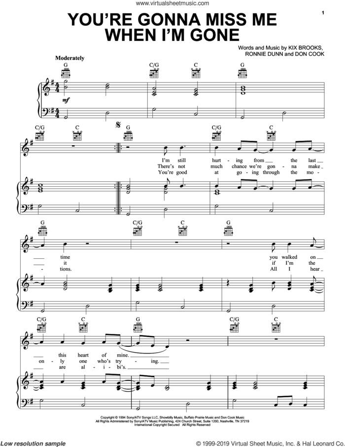You're Gonna Miss Me When I'm Gone sheet music for voice, piano or guitar by Brooks & Dunn, Don Cook, Kix Brooks and Ronnie Dunn, intermediate skill level