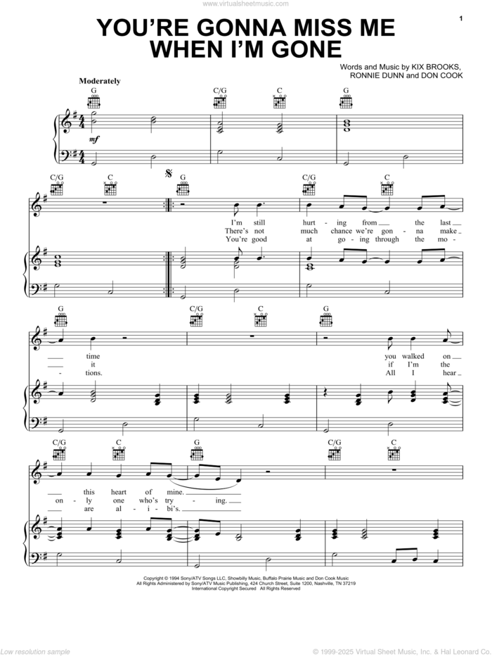 You're Gonna Miss Me When I'm Gone sheet music for voice, piano or guitar by Brooks & Dunn, Don Cook, Kix Brooks and Ronnie Dunn, intermediate skill level